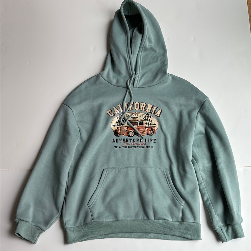 NWOT Shein California Adventure Life Hoodie  graphic sweatshirt- Green sz medium